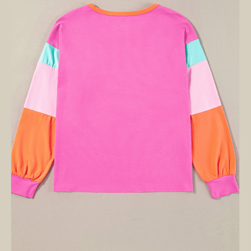 Talia Hot Pink Colorblock Patchwork Long Sleeve Loose Top