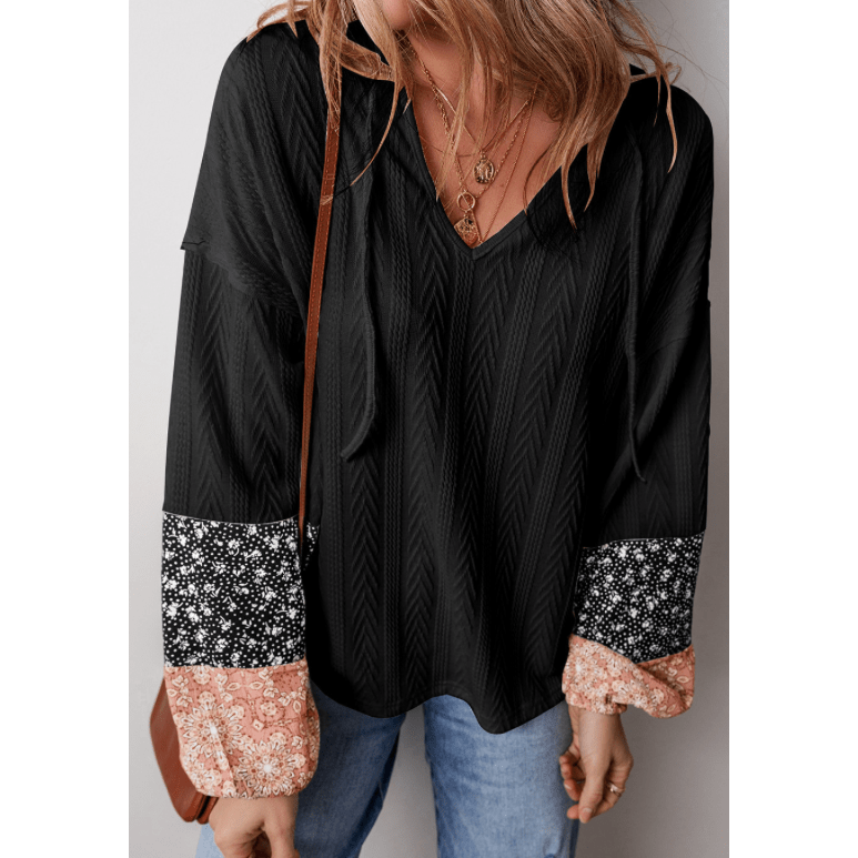 Leeza Black Floral Patchwork Textured Knit Drawstring V Neck Blouse