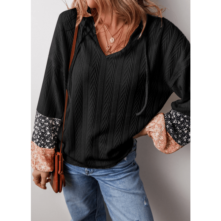 Leeza Black Floral Patchwork Textured Knit Drawstring V Neck Blouse