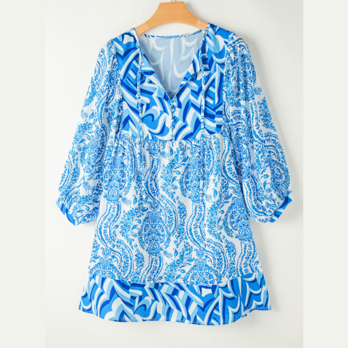 Chi Sky Blue Bohemian Print Puff Sleeve Tied V Neck Flared Mini Dress