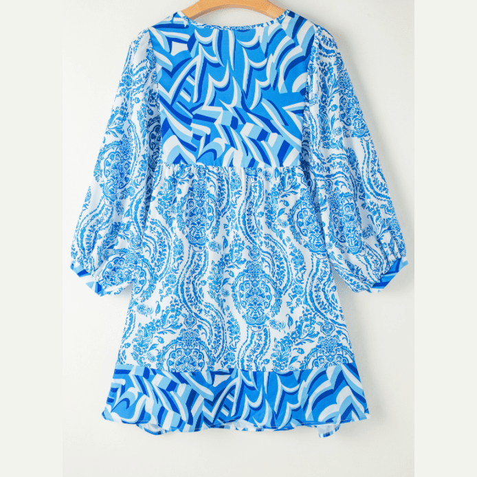 Chi Sky Blue Bohemian Print Puff Sleeve Tied V Neck Flared Mini Dress