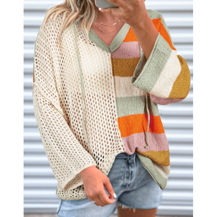 Agnese Beige Oversized Colorblock V Neck Hooded Sweater