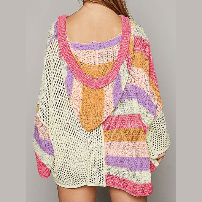 Agnese Pink Oversized Colorblock V Neck Hooded Sweater