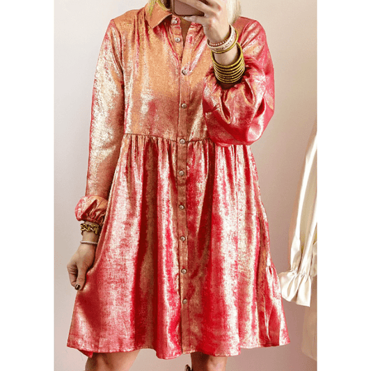 Kath Peach Blossom Metallic Sheen Puff Sleeve Button Up Mini Shirt Dress