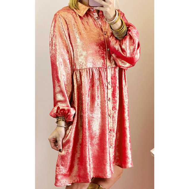 Kath Peach Blossom Metallic Sheen Puff Sleeve Button Up Mini Shirt Dress