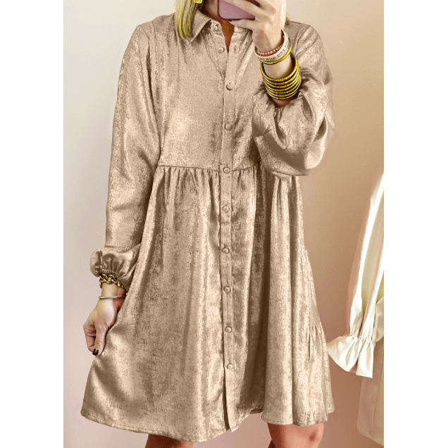 Kath Apricot Metallic Sheen Puff Sleeve Button Up Mini Shirt Dress