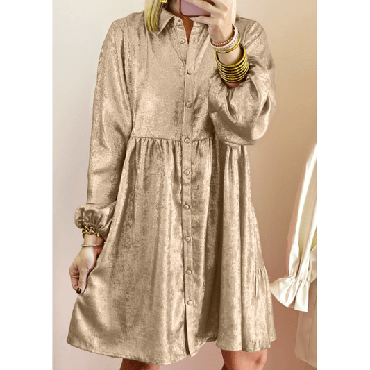 Kath Apricot Metallic Sheen Puff Sleeve Button Up Mini Shirt Dress