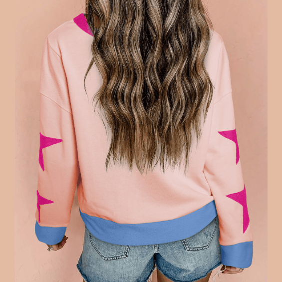 Kacie Pink Star Patchwork Exposed Seam Oversized Sweatshirt