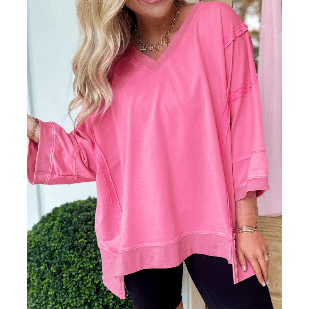 Mercedes Bonbon Pink Bracelet Sleeve Mineral Washed V Neck T Shirt