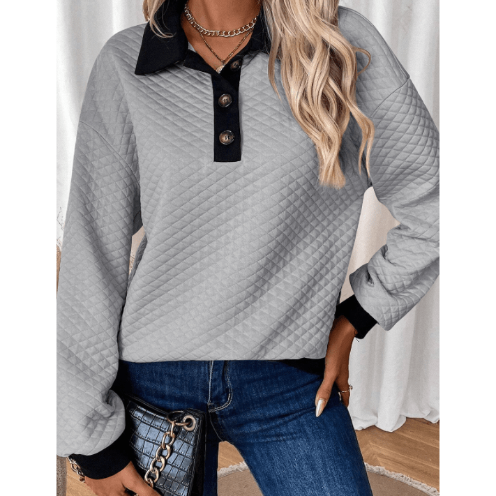 Lila Rose Grey Textured Colorblock Edge Buttoned Collar Sweatshirt