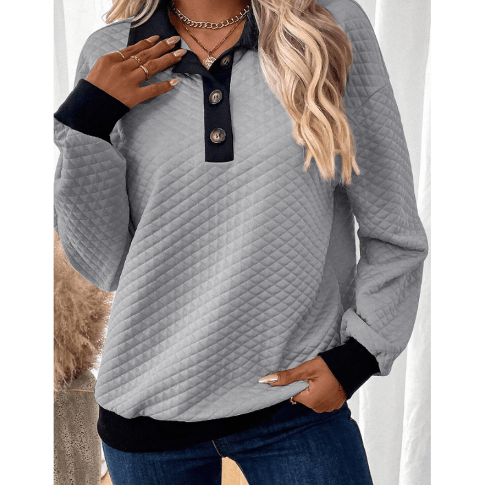 Lila Rose Grey Textured Colorblock Edge Buttoned Collar Sweatshirt