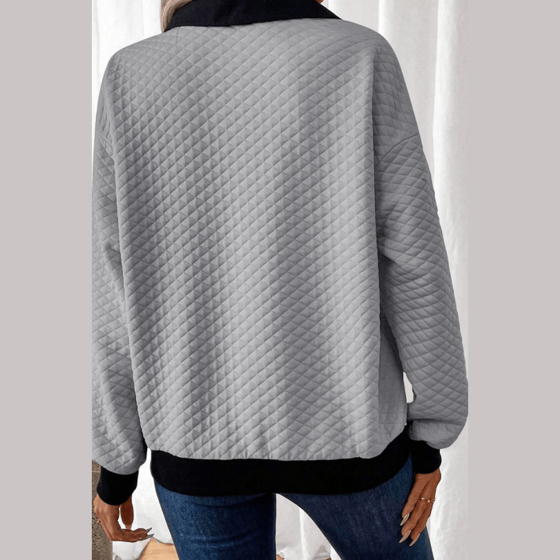 Lila Rose Grey Textured Colorblock Edge Buttoned Collar Sweatshirt