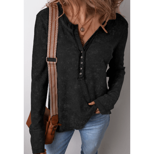 Bella Black Acid Wash Waffle Knit Buttoned Neckline Long Sleeve Top