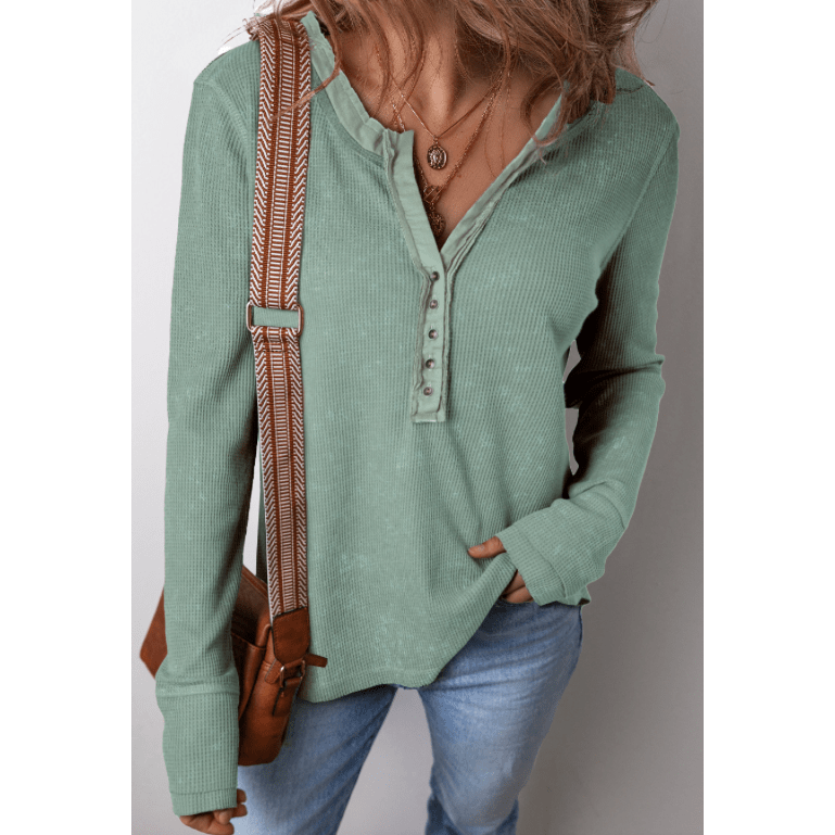 Bella Green Acid Wash Waffle Knit Buttoned Neckline Long Sleeve Top