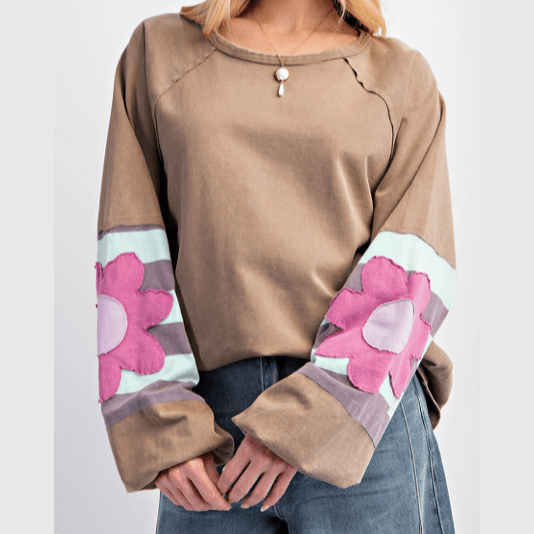 Monella Brown Flower Patchwork Raglan Sleeve Exposed Seam Oversized Top * S-3X