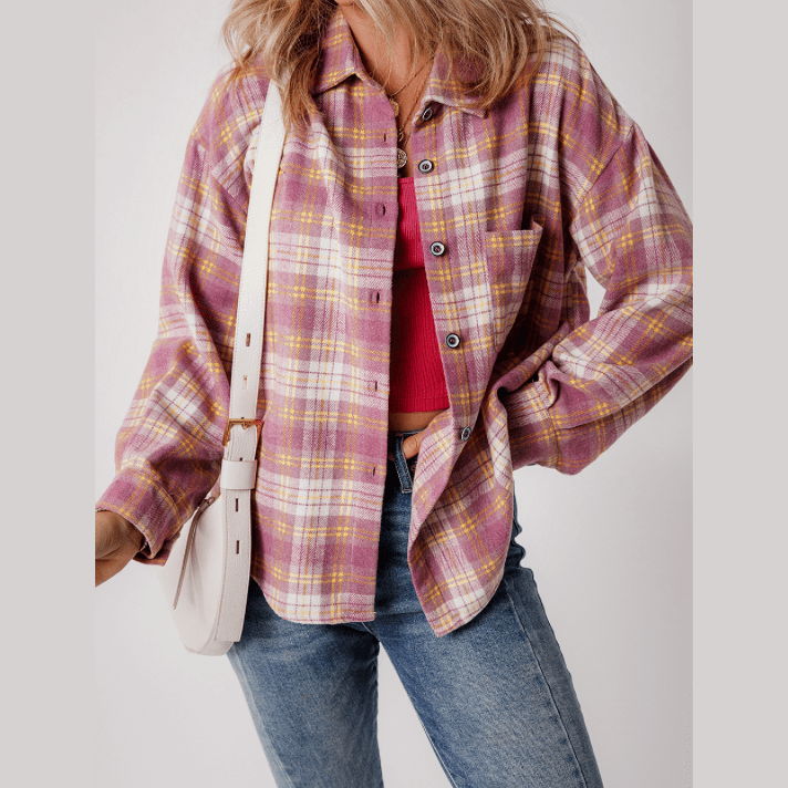 Piper Pink Plaid Print Chest Pocket Long Sleeve Shacket