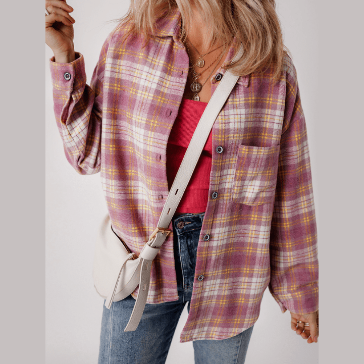 Piper Pink Plaid Print Chest Pocket Long Sleeve Shacket