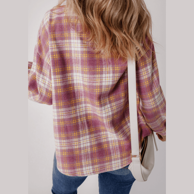 Piper Pink Plaid Print Chest Pocket Long Sleeve Shacket