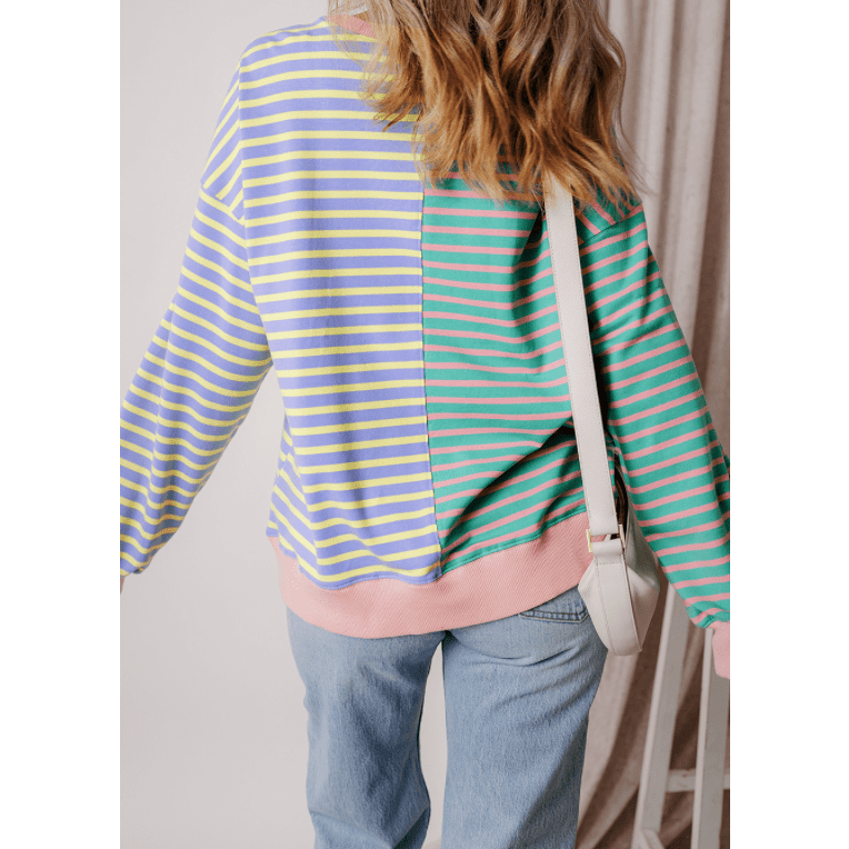 Karra Blue Stripe Colorblock Drop Shoulder Oversize Sweatshirt