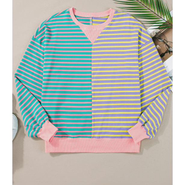 Karra Blue Stripe Colorblock Drop Shoulder Oversize Sweatshirt