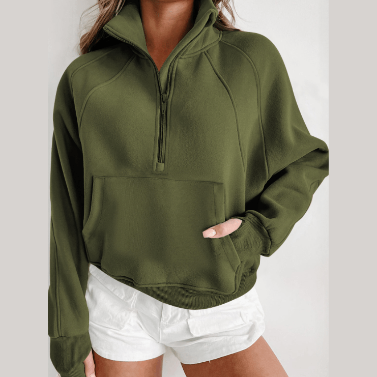 Marlena Green Fleece Lined Zip Up Stand Collar Thumbhole Sleeve Sweatshirt