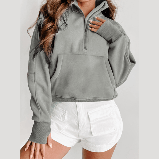 Marlena Grey Fleece Lined Zip Up Stand Collar Thumbhole Sleeve Sweatshirt