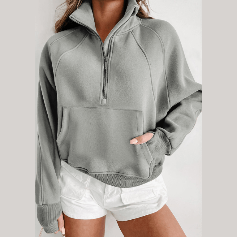 Marlena Grey Fleece Lined Zip Up Stand Collar Thumbhole Sleeve Sweatshirt