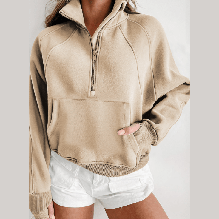 Marlena Parchment Fleece Lined Zip Up Stand Collar Thumbhole Sleeve Sweatshirt