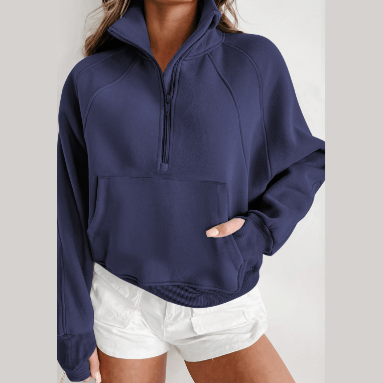 Marlena Navy Fleece Lined Zip Up Stand Collar Thumbhole Sleeve Sweatshirt