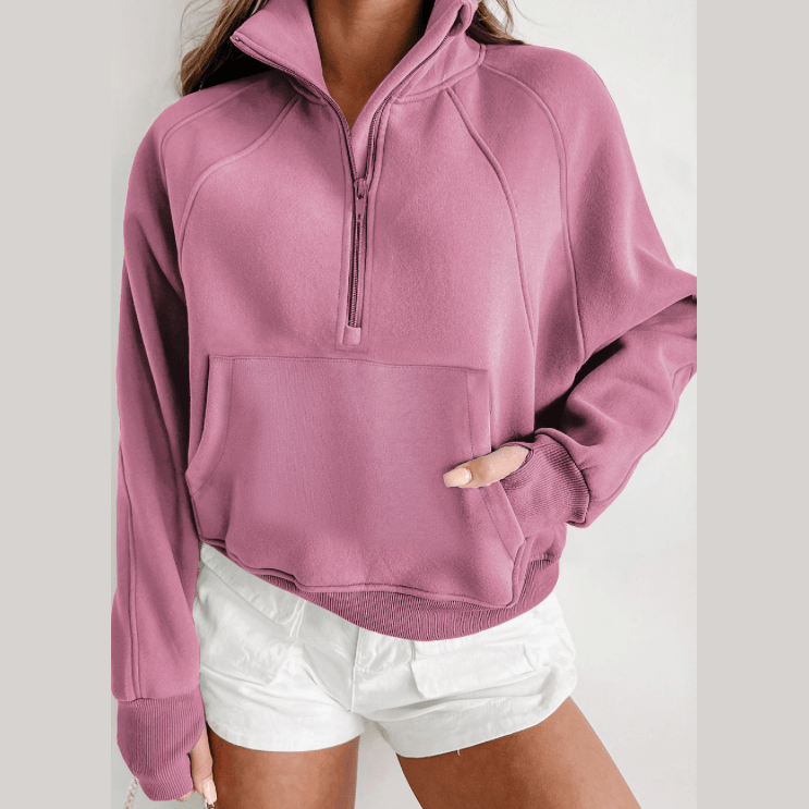 Marlena Mauve Fleece Lined Zip Up Stand Collar Thumbhole Sleeve Sweatshirt