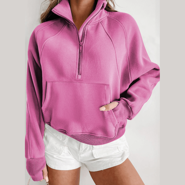 Marlena Hot Pink Fleece Lined Zip Up Stand Collar Thumbhole Sleeve Sweatshirt