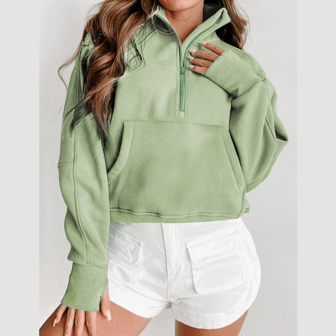 Marlena Light Green Fleece Lined Zip Up Stand Collar Thumbhole Sleeve Sweatshirt