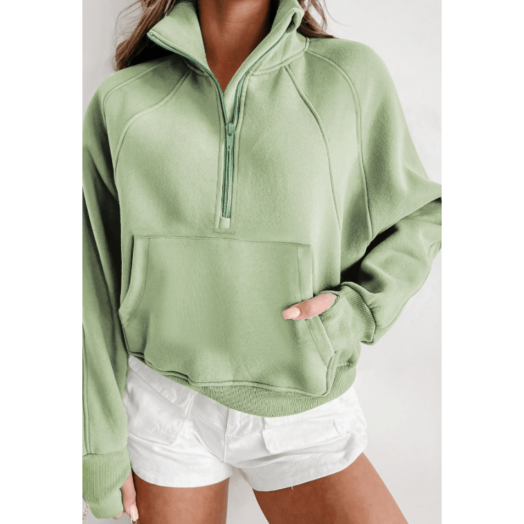 Marlena Light Green Fleece Lined Zip Up Stand Collar Thumbhole Sleeve Sweatshirt