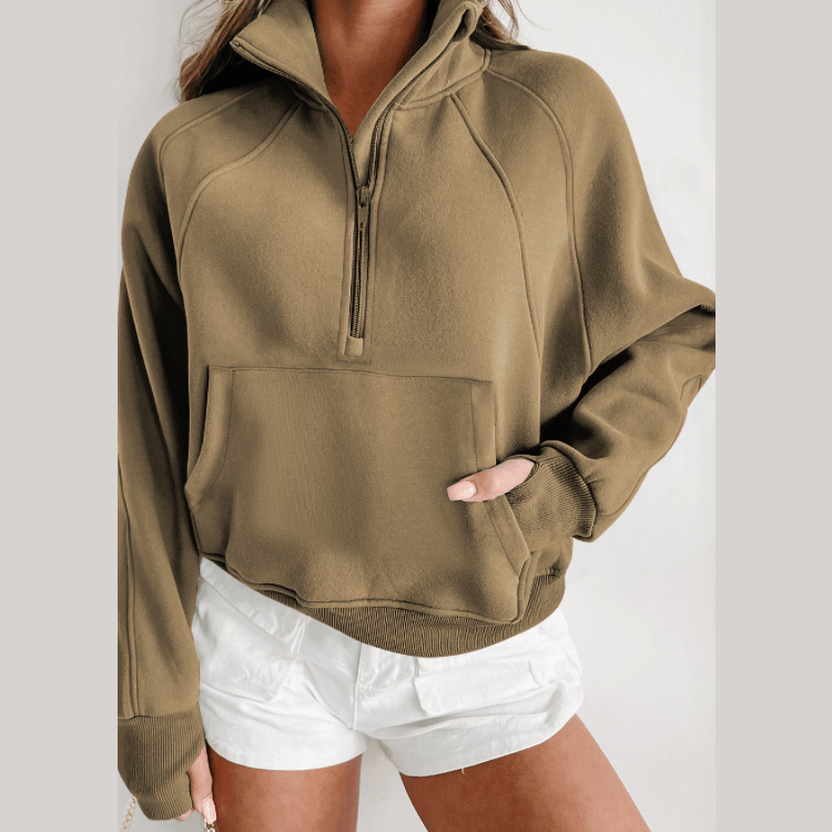 Marlena Elmwood Fleece Lined Zip Up Stand Collar Thumbhole Sleeve Sweatshirt