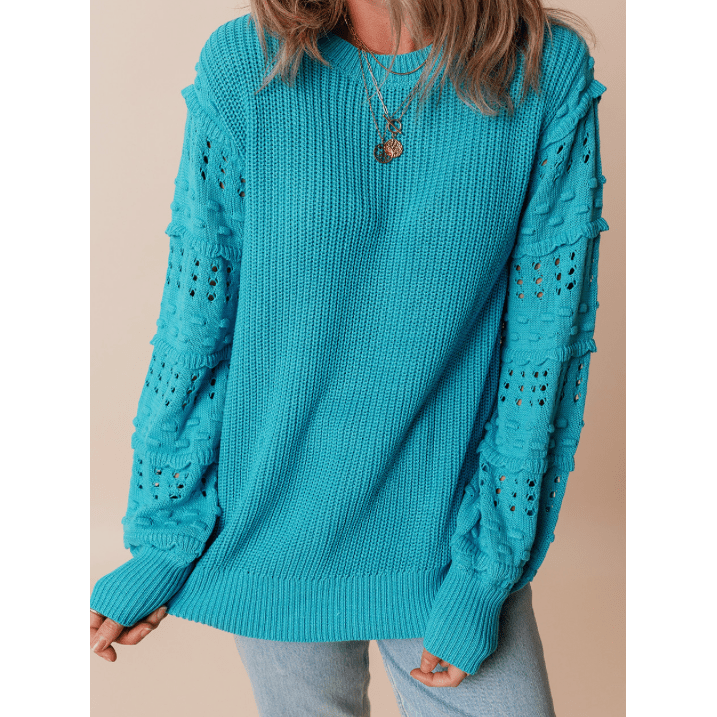 Poppy Turquoise Ruffled Eyelet Bubble Sleeve Sweater