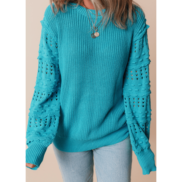 Poppy Turquoise Ruffled Eyelet Bubble Sleeve Sweater