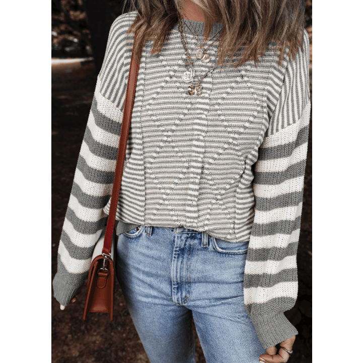 Laverna Grey Stripe Geometric Textured Drop Shoulder Sweater