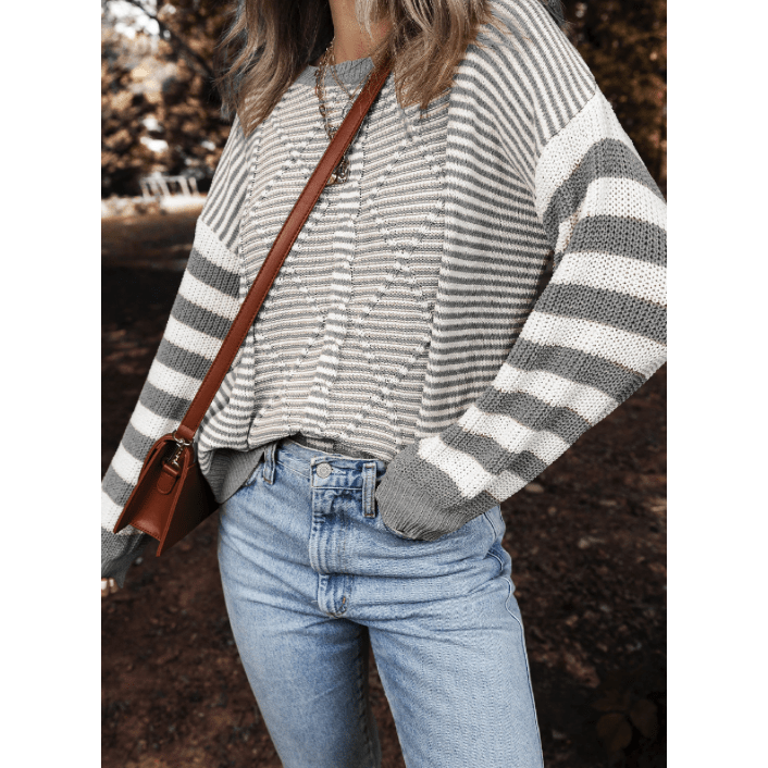 Laverna Grey Stripe Geometric Textured Drop Shoulder Sweater