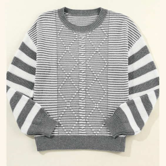 Laverna Grey Stripe Geometric Textured Drop Shoulder Sweater