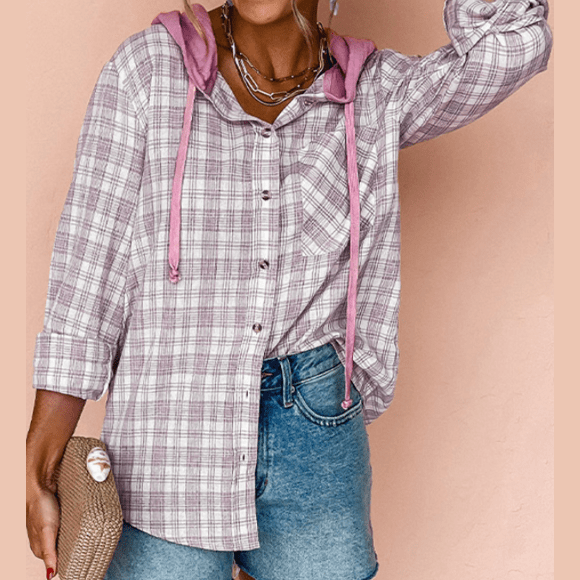 Wisteria Pink Checkered Print Loose Fit Buttoned Hooded Shacket