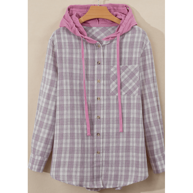 Wisteria Pink Checkered Print Loose Fit Buttoned Hooded Shacket