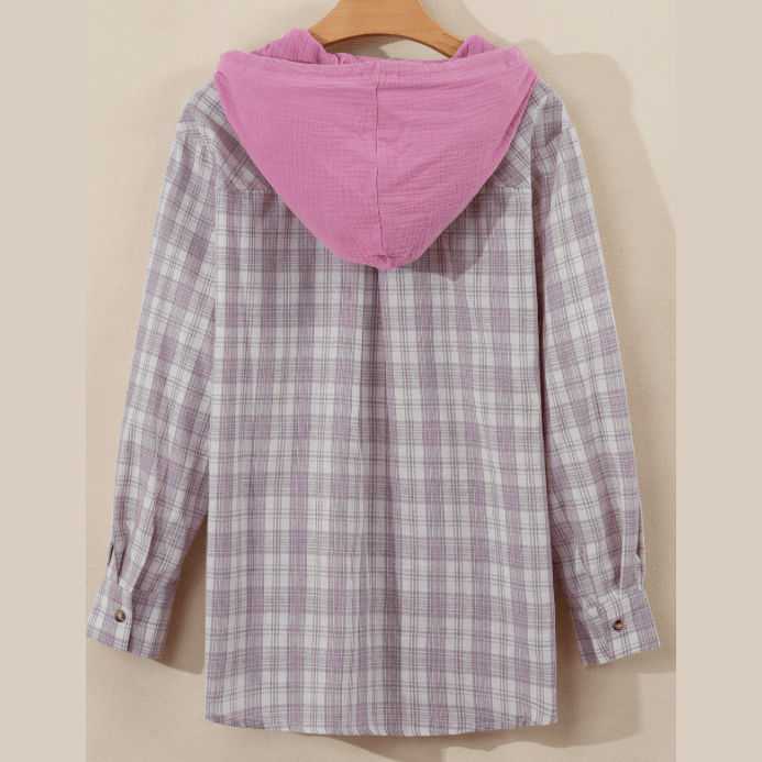 Wisteria Pink Checkered Print Loose Fit Buttoned Hooded Shacket