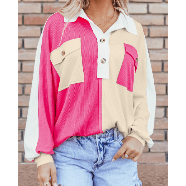 Ginna Hot Pink Colorblock Ribbed Collared Oversized Sweatshirt