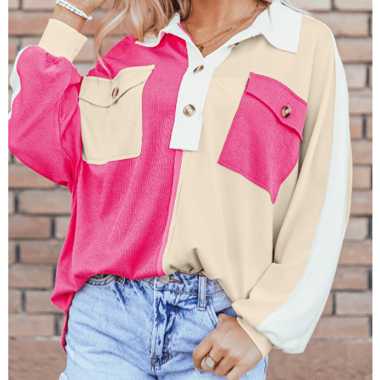 Ginna Hot Pink Colorblock Ribbed Collared Oversized Sweatshirt