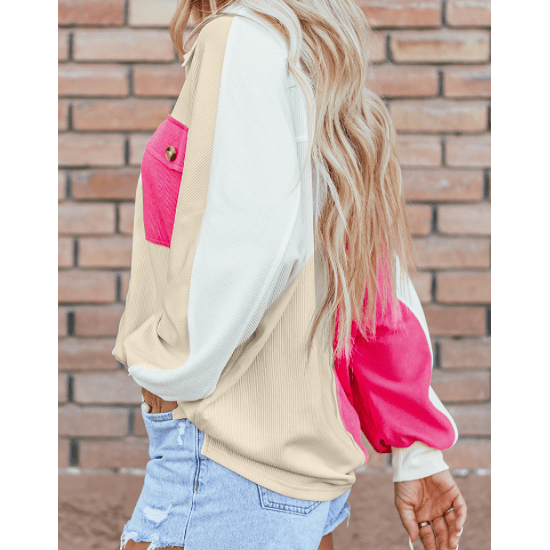 Ginna Hot Pink Colorblock Ribbed Collared Oversized Sweatshirt