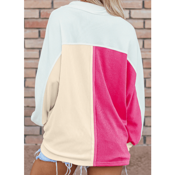 Ginna Hot Pink Colorblock Ribbed Collared Oversized Sweatshirt