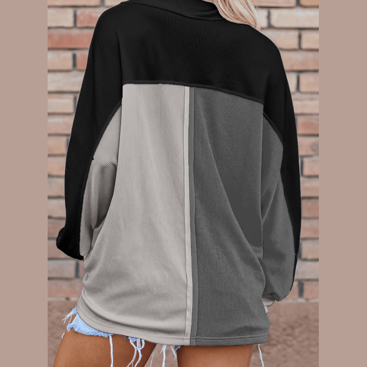 Ginna Grey Colorblock Ribbed Collared Oversized Sweatshirt