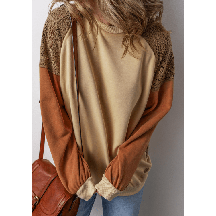 Stacie Khaki Lace Patchwork Colorblock Drop Shoulder Sweatshirt