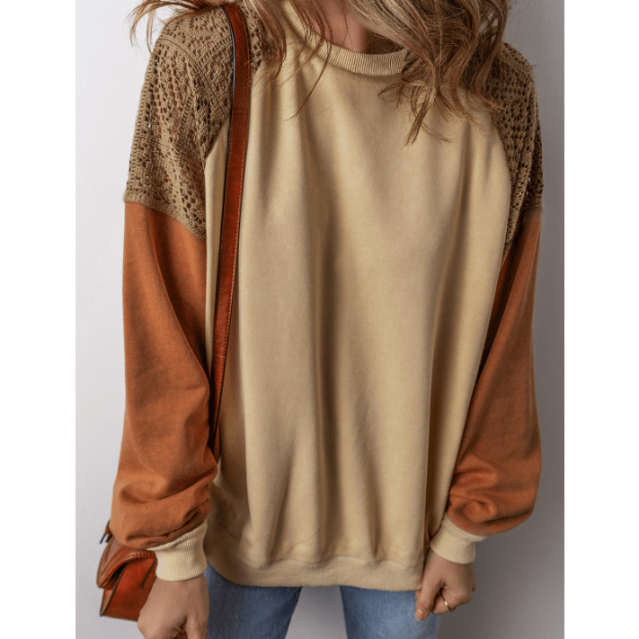 Stacie Khaki Lace Patchwork Colorblock Drop Shoulder Sweatshirt