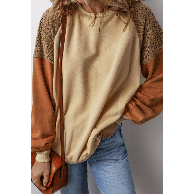 Stacie Khaki Lace Patchwork Colorblock Drop Shoulder Sweatshirt